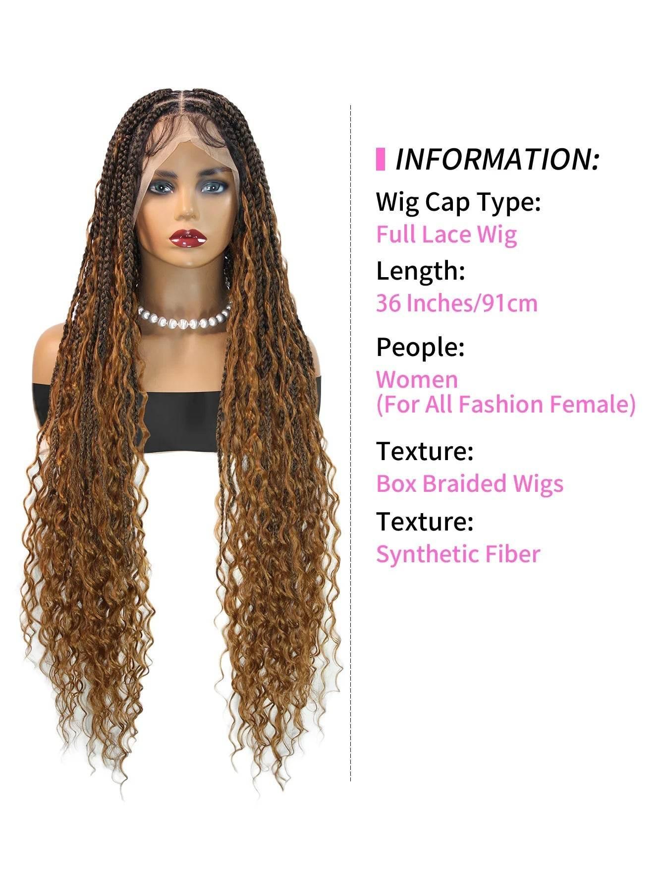 Boho Knotless Braided Wigs Synthetic Full Lace Braids With Curly Hair Ends Goddess Ombre Blonde Box Braided Wigs With Baby Hair - GiFTiFY