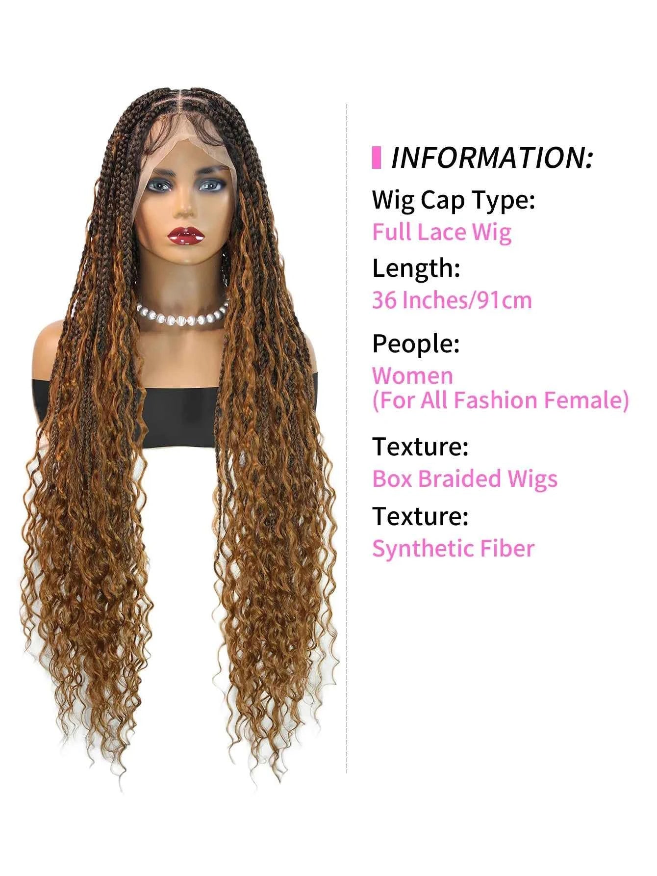 Synthetic Blonde Goddess Boho Box Braided Wigs For Women Braided Full Lace Wig With Curly Hair Ends Big Part Knotless Box Braids