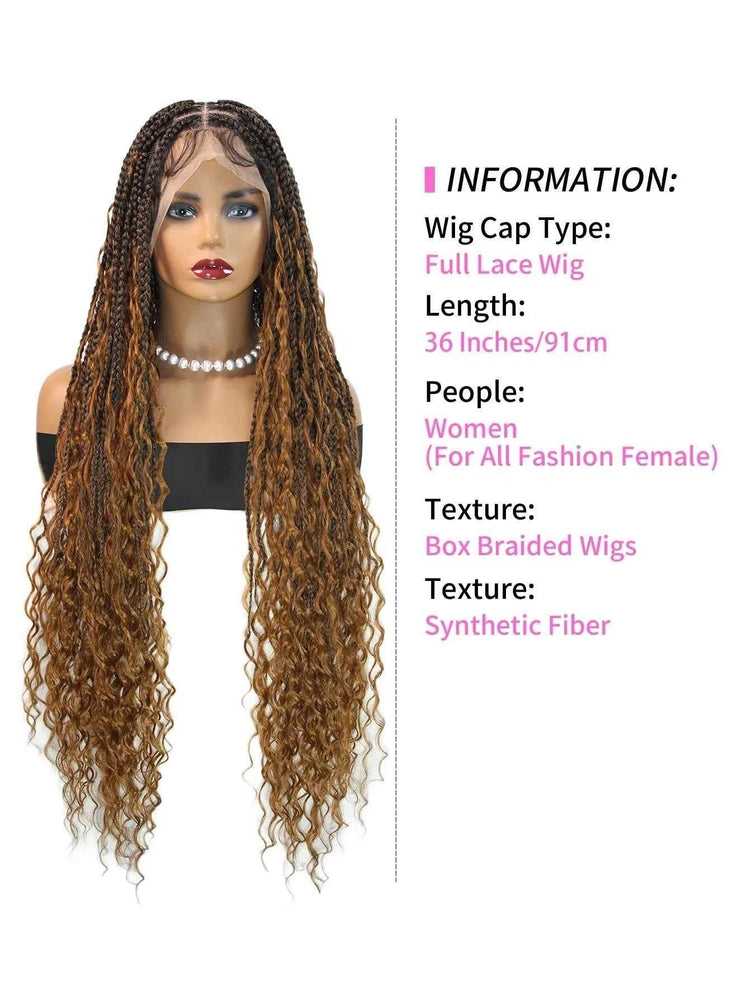 Synthetic Blonde Goddess Boho Box Braided Wigs For Women Braided Full Lace Wig With Curly Hair Ends Big Part Knotless Box Braids - GiFTiFY