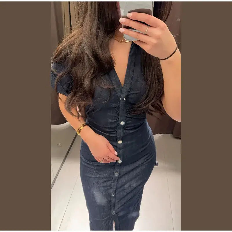 Women Denim V-neck Short Sleeved Long Dress Chic Slim Fit Single Breast Slit Vestidos New High Street Casual Solid
