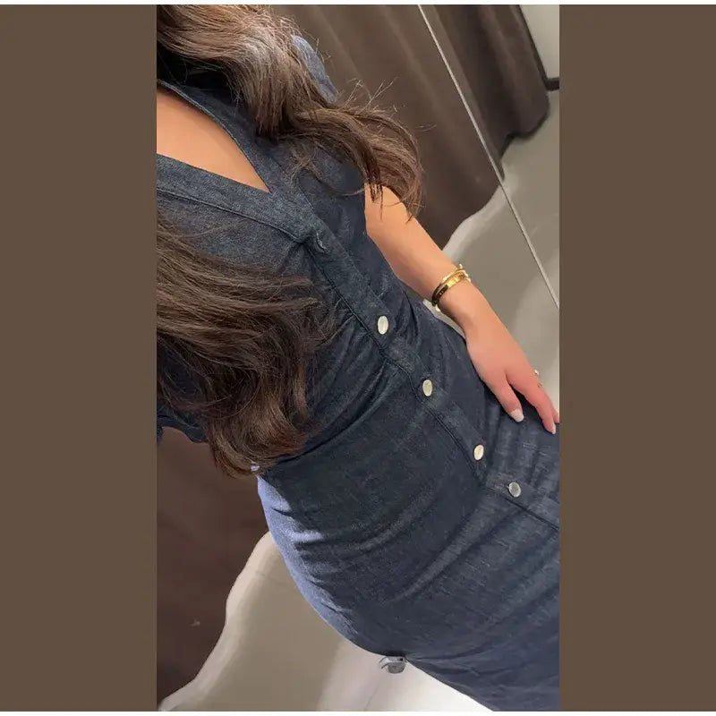 Women Denim V-neck Short Sleeved Long Dress Chic Slim Fit Single Breast Slit Vestidos New High Street Casual Solid