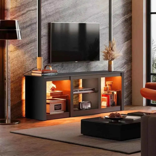 LED TV Stand for 65-Inch TV, 58-Inch Entertainment Center with Adjustable Glass Shelves, Modern Media Console for Living - GiFTiFY