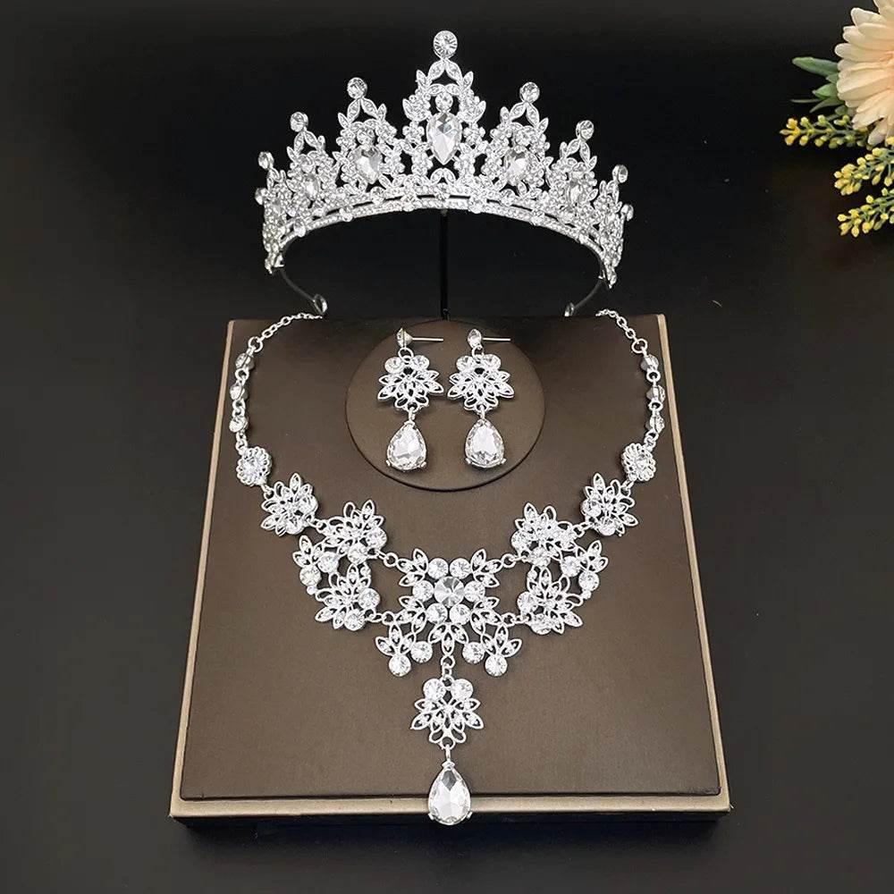 Gorgeous Pink Crystal Tiaras Bridal Jewelry Sets for Women Crown Flowers Choker Necklace Sets Wedding Bride Costume Jewelry Set Tiaras by DSERS