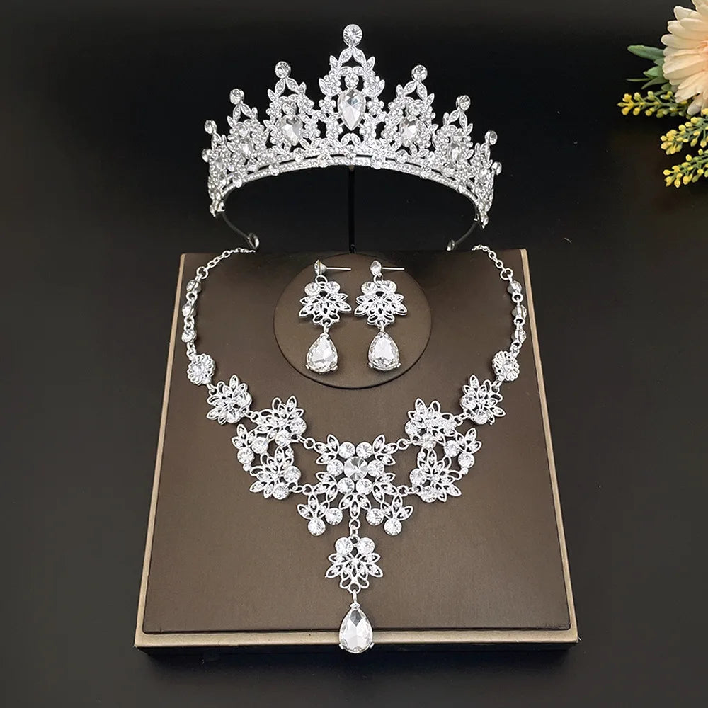 Gorgeous Pink Crystal Tiaras Bridal Jewelry Sets for Women Crown Flowers Choker Necklace Sets Wedding Bride Costume Jewelry Set GiFTiFY