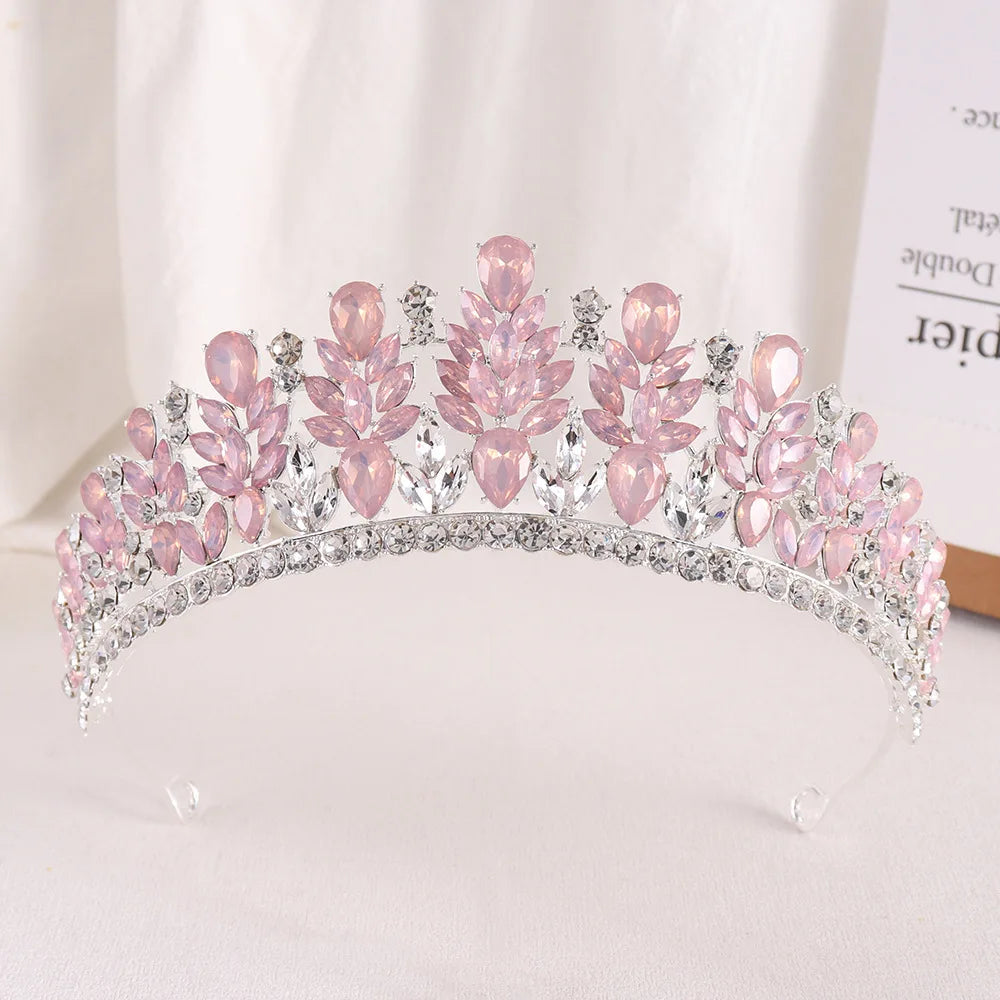 Baroque Green Pink Opal Wedding Headband Crystal Bridal Crown Tiara Hair Jewelry Accessories Women Rhinestone Royal Queen Diadem DSERS
