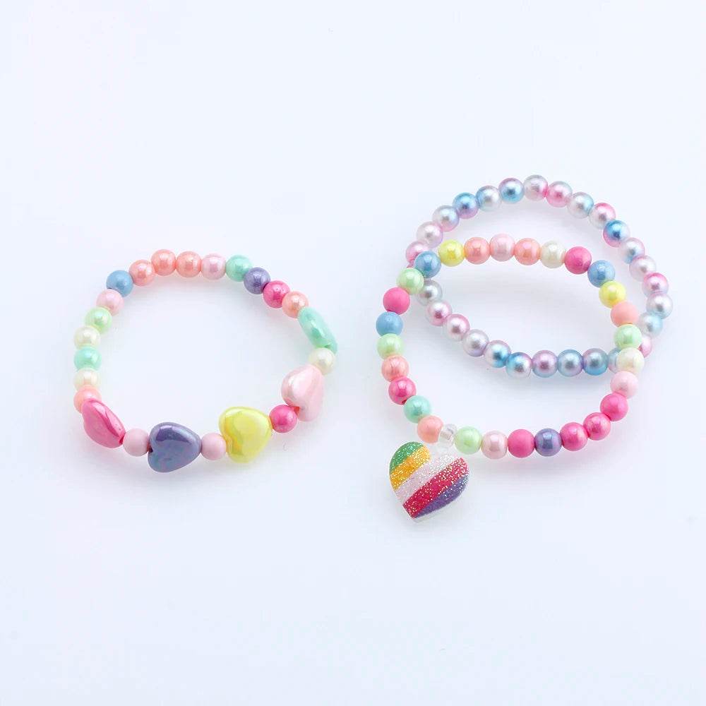 3-Pack Girls Heart Charm Beaded Bracelets Set