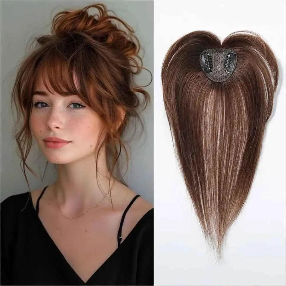 100% Remy Human Hair Toppers with Bangs Light Brown Hairpieces 3D Wispy Human Hair Bangs for Women Thin Hair Real Human Hair Topper Clip In - GiFTiFY