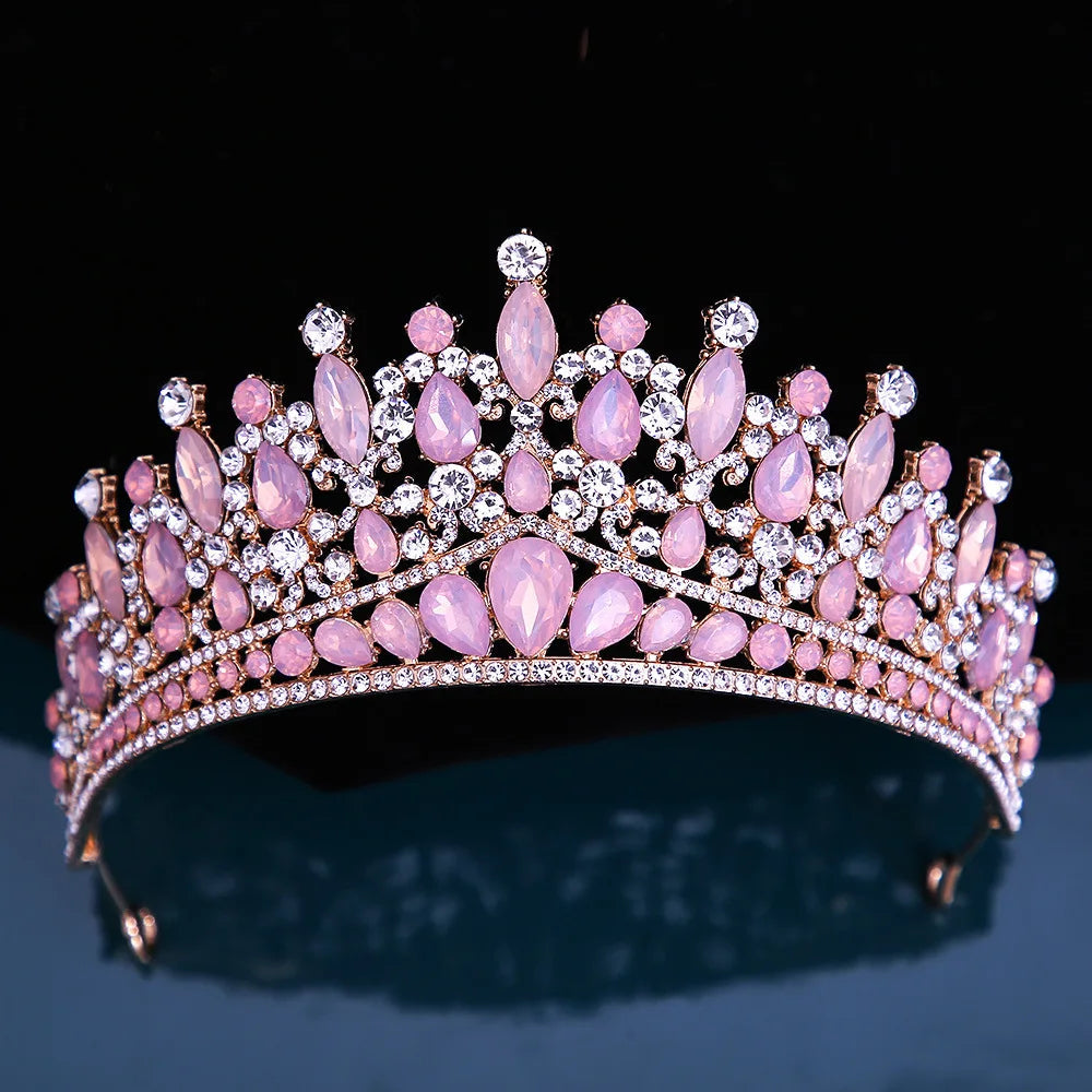Baroque Pink Opal Crystal Bridal Crown Royal Queen Tiaras Rhinestone Pageant Prom Diadem Princess Wedding Crown Hair Accessories GiFTiFY