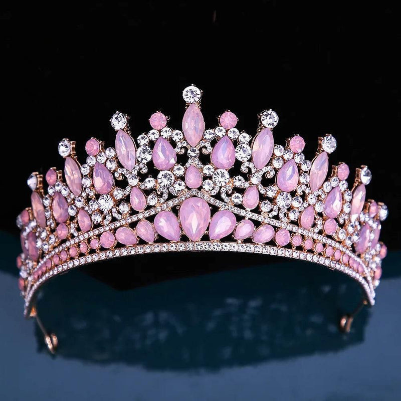 Baroque Pink Opal Crystal Bridal Crown Royal Queen Tiaras Rhinestone Pageant Prom Diadem Princess Wedding Crown Hair Accessories Tiaras by DSERS