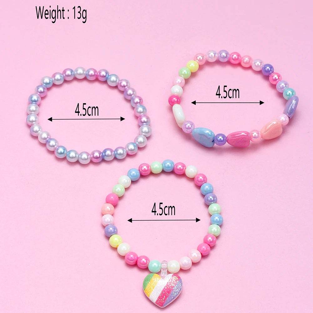 3-Pack Girls Heart Charm Beaded Bracelets Set