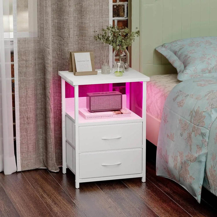 Nightstand Set of 2 Night Stand with Charging Station, LED Nightstand with Fabric Drawers, End Table with PU Finish, Bed Side Table - GiFTiFY