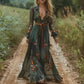 Women's Ethnic Retro Floral Print Pleated Long Dress Sexy Shirt Collar Buttons Maxi Gown for Party Fall Long Sleeve Bohemian DSERS