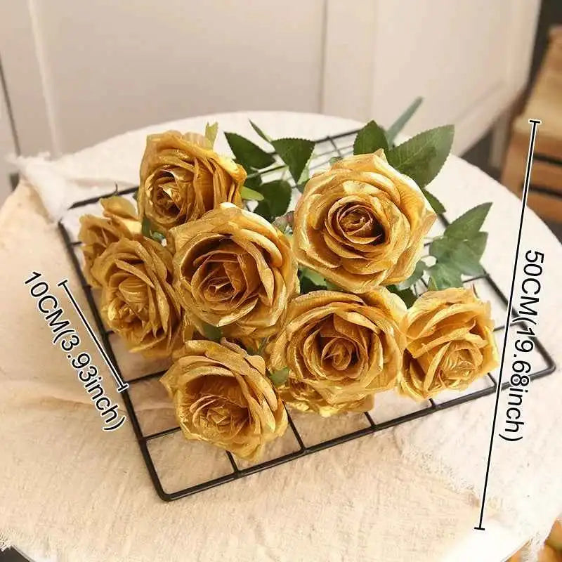 10/1 Heads Golden Silver Rose Artificial Flower DIY Wedding Floral Arrangement Material Silk Bridal Bouquet Photo Prop Home Deco