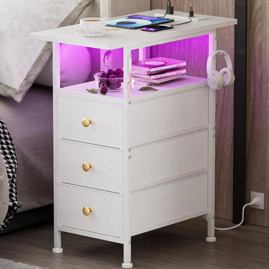 End Table with Charging Station, Narrow Side Table with 3 Fabric Drawers and Shelf, Skinny Nightstand with LED Light, Slim Table - GiFTiFY