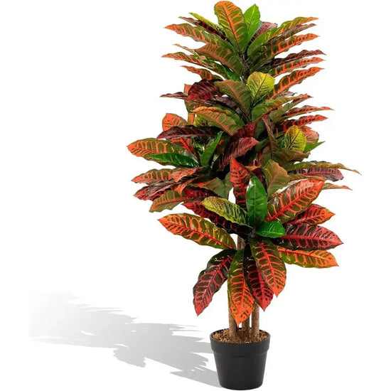 Artificial Croton Plant 40 Inch Fake Tree in Pot Colorful Variegated Leaves Indoor Outdoor Home Office Decor
