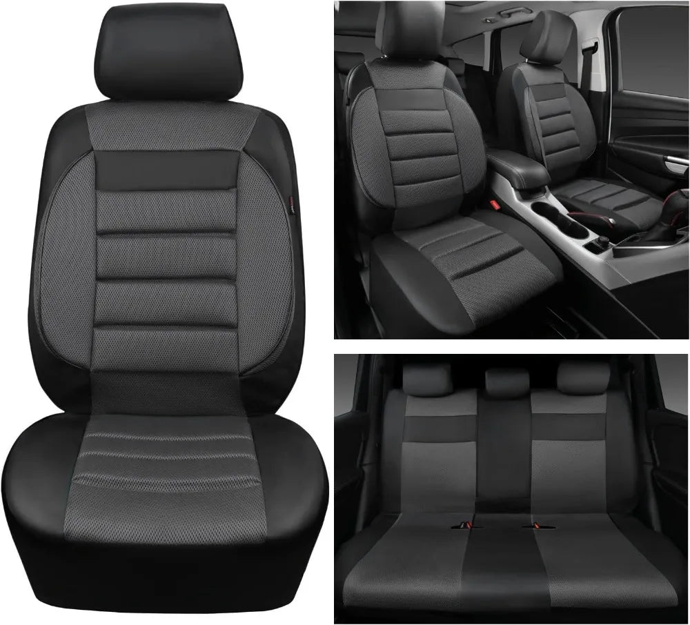 3D Foam Back Support Leather Car Seat Covers Full Set Air Mesh Automotive Seat Covers All Season Fit SUV Sedan Van Airbag Compatible Elegant Black Gray GiFiFY