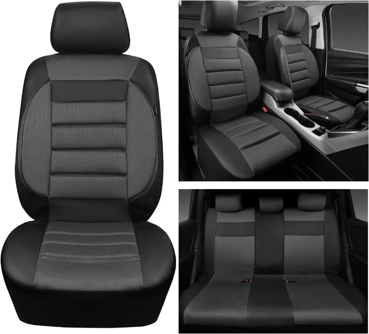 3D Foam Back Support Leather Car Seat Covers Full Set Air Mesh Automotive Seat Covers All Season Fit SUV Sedan Van Airbag Compatible Elegant Black Gray GiFiFY