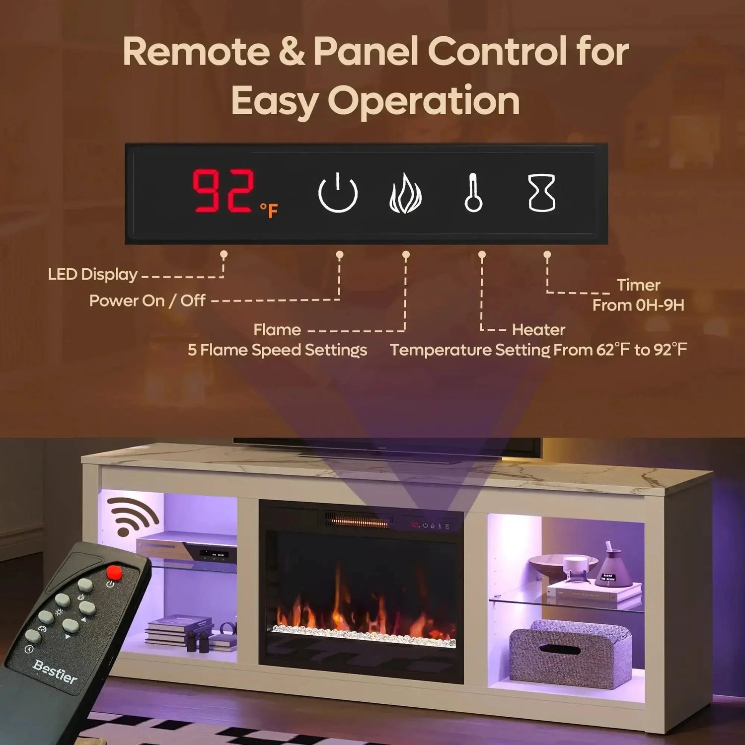 Modern Electric 7 Color LED Fireplace TV Stand for TVs up to 70", White Marble DSERS