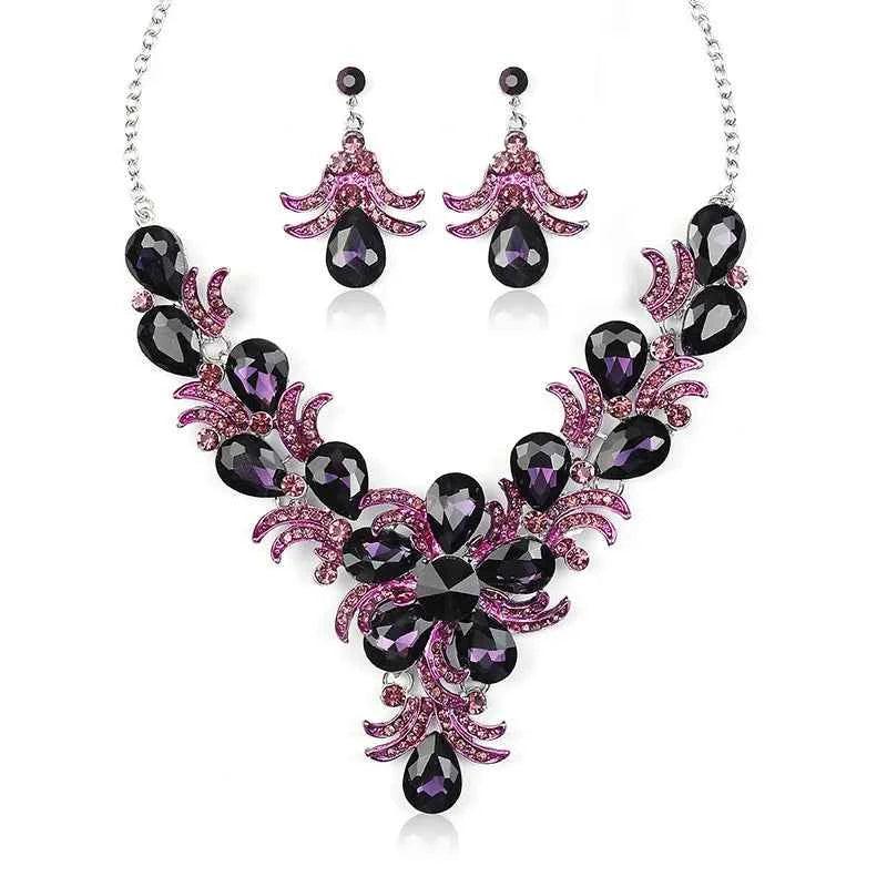 Luxury Purple Crystal Flower Jewelry Set for Women Rhinestone Stud Earrings & Necklace Wedding Party Accessory Bridal Gift by George Black