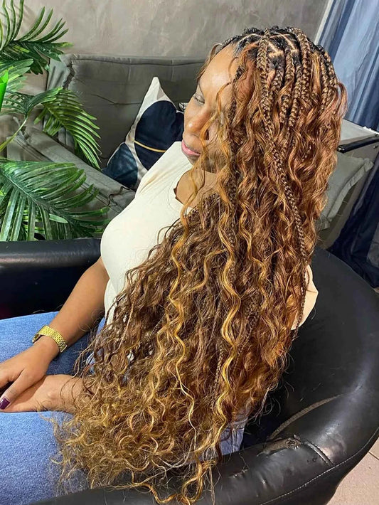 Synthetic Blonde Goddess Boho Box Braided Wigs For Women Braided Full Lace Wig With Curly Hair Ends Big Part Knotless Box Braids