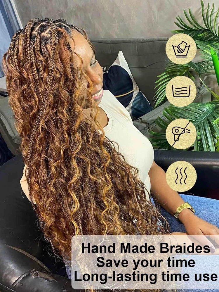 Synthetic Blonde Goddess Boho Box Braided Wigs For Women Braided Full Lace Wig With Curly Hair Ends Big Part Knotless Box Braids - GiFTiFY