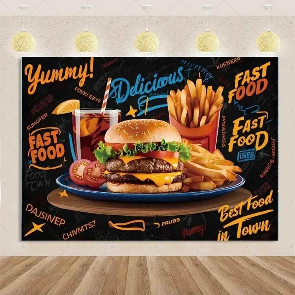 Quick Food Theme Birthday Party Decoration Hamburger French Fries Pizza Background Banner Photography Backdrop Supplies Kid Gift - GiFTiFY