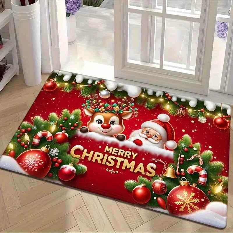 VIKAMA Red Flannel Christmas Santa Claus Entryway Rug Welcome Floor Mat Entrance Carpet Christmas Ornament Living Room Rugs - GiFTiFY