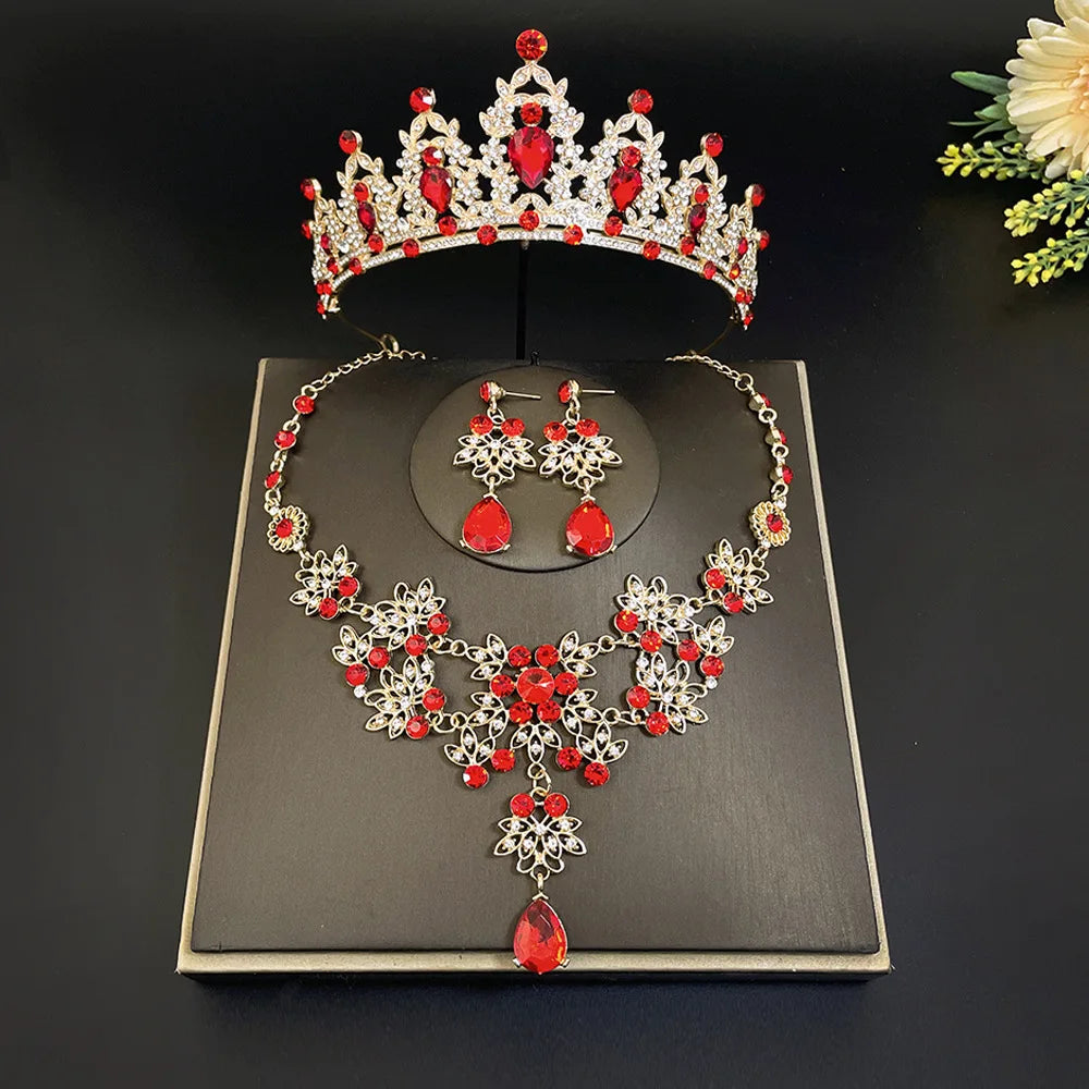 Gorgeous Pink Crystal Tiaras Bridal Jewelry Sets for Women Crown Flowers Choker Necklace Sets Wedding Bride Costume Jewelry Set GiFTiFY