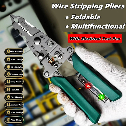 Multifunctional Wire Stripper with Electrical Test Pen Foldable Cable Cutter Crimper Tool, Electrical Folding Pliers for Cutting GiFTiFY
