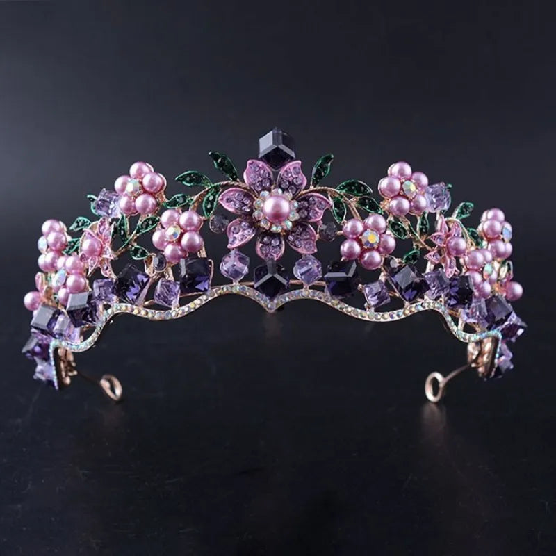 Luxury Baroque Purple Crystal Pearl Bridal Crown Tiara Magnificent Rhinestone Diadem for Bride Headband Wedding Hair Accessories DSERS