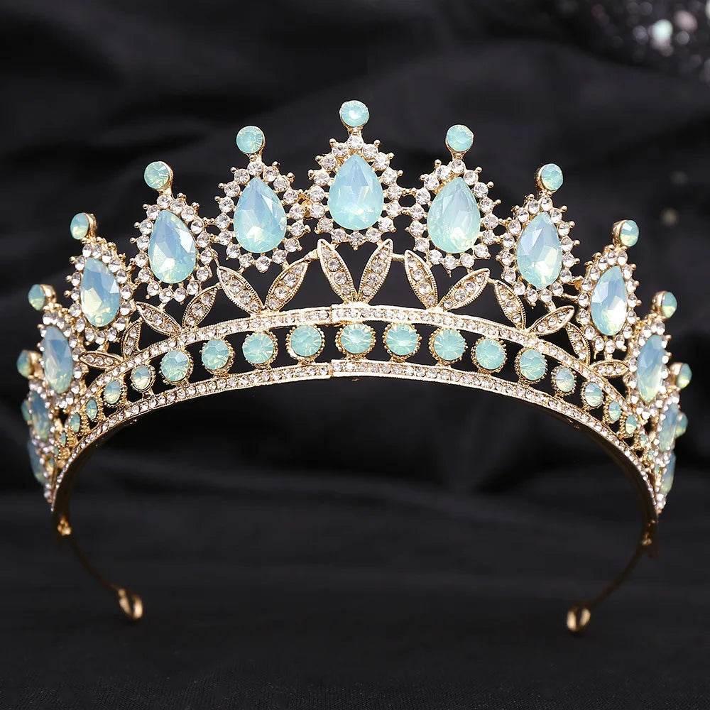 Baroque Blue Green Pink Opal Tiara Crowns Hair Jewelry Rhinestone Diadem Birthday Party Wedding Crystal Bridal Crown Accessories - GiFTiFY