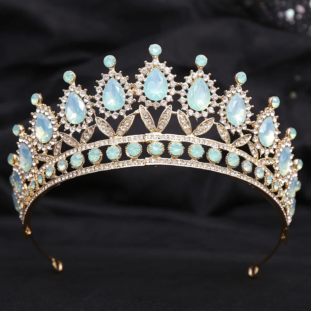 Baroque Blue Green Pink Opal Tiara Crowns Hair Jewelry Rhinestone Diadem Birthday Party Wedding Crystal Bridal Crown Accessories DSERS