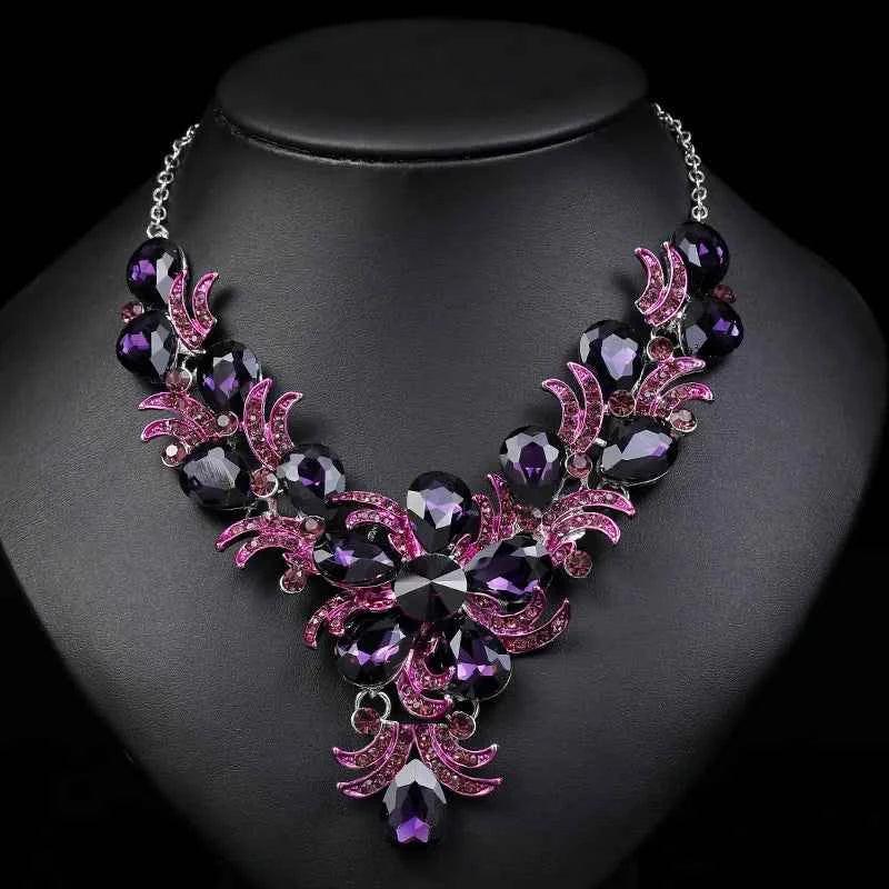 Luxury Purple Crystal Flower Jewelry Set for Women Rhinestone Stud Earrings & Necklace Wedding Party Accessory Bridal Gift by George Black