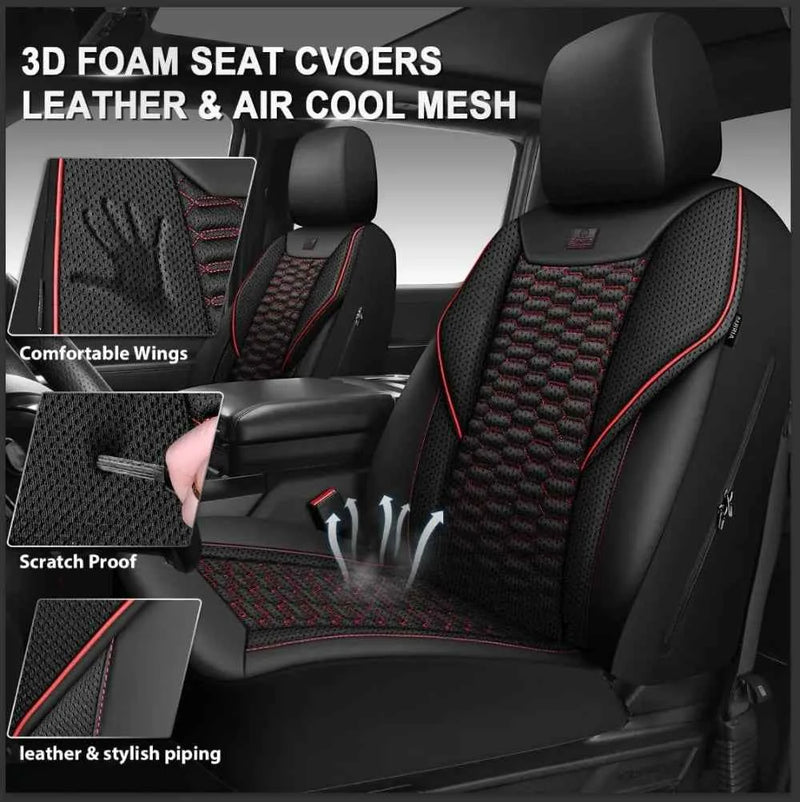 3D Foam Mesh Leather Car Seat Covers Full Set, Breathable Faux Leather, Universal Fit for SUV Truck Sedan, Armrest & Airbag Compatible, Black Red by GiFiFY