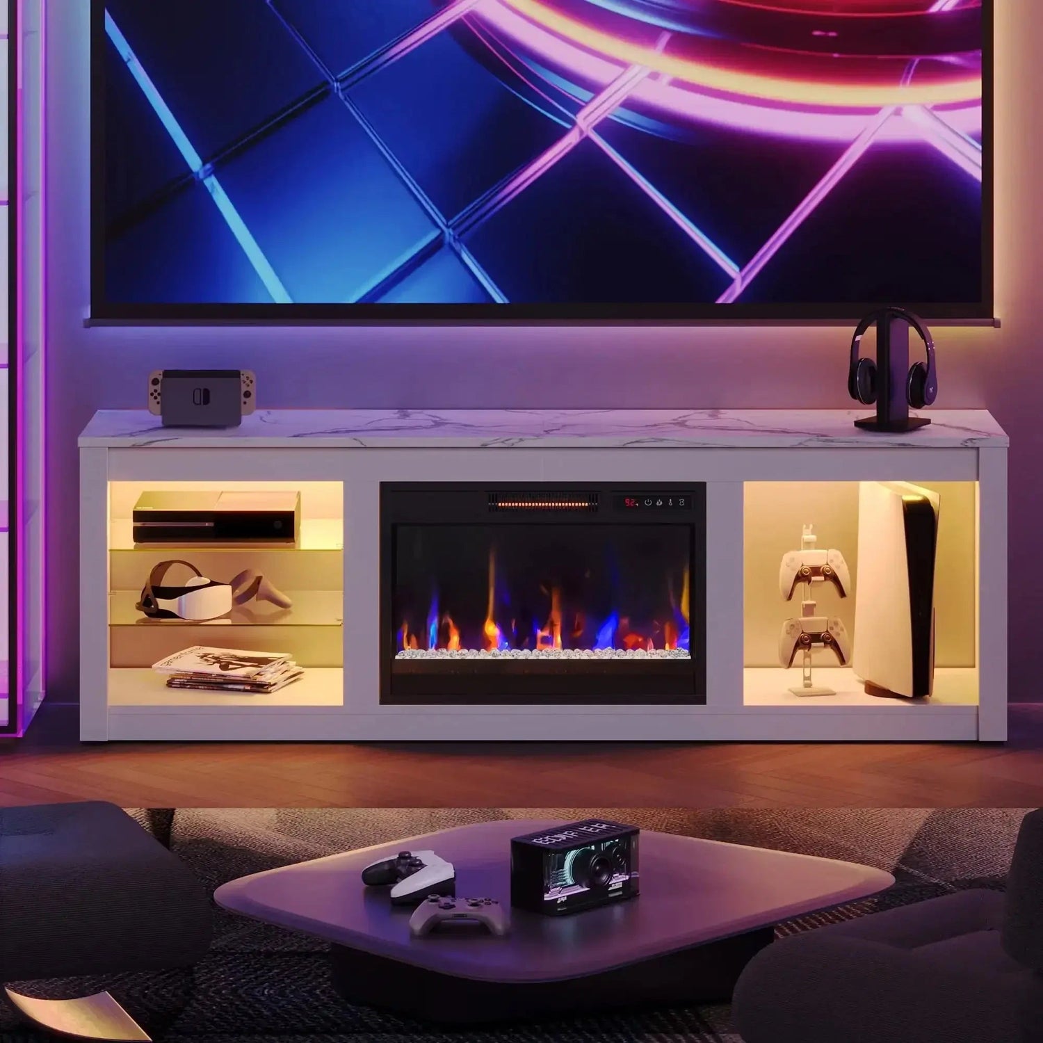 Modern Electric 7 Color LED Fireplace TV Stand for TVs up to 70", White Marble DSERS