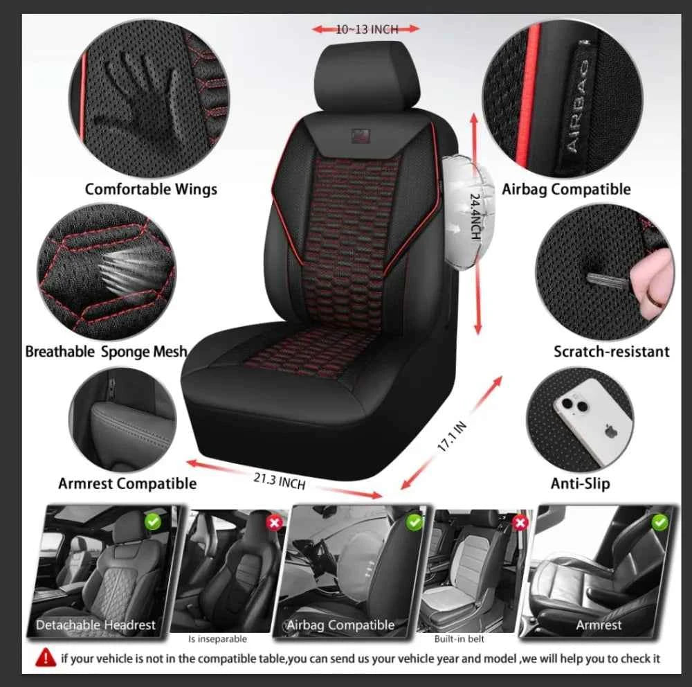 3D Foam Mesh Leather Car Seat Covers Full Set, Breathable Faux Leather, Universal Fit for SUV Truck Sedan, Armrest & Airbag Compatible, Black Red by GiFiFY