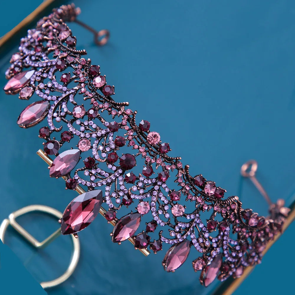 Baroque Bronze Purple Crystal Heart Bridal Tiaras Crown Rhinestone Pageant Diadem Veil Tiara Headbands Wedding Hair Accessories DSERS