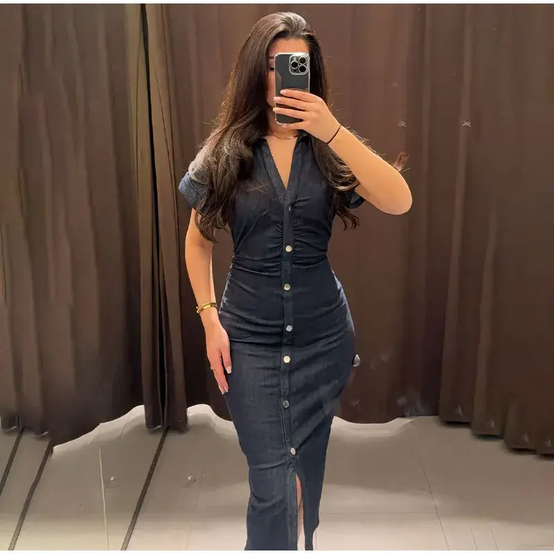 Women Denim V-neck Short Sleeved Long Dress Chic Slim Fit Single Breast Slit Vestidos New High Street Casual Solid