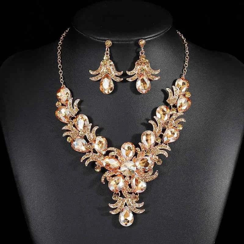 Luxury Purple Crystal Flower Jewelry Set for Women Rhinestone Stud Earrings & Necklace Wedding Party Accessory Bridal Gift by George Black