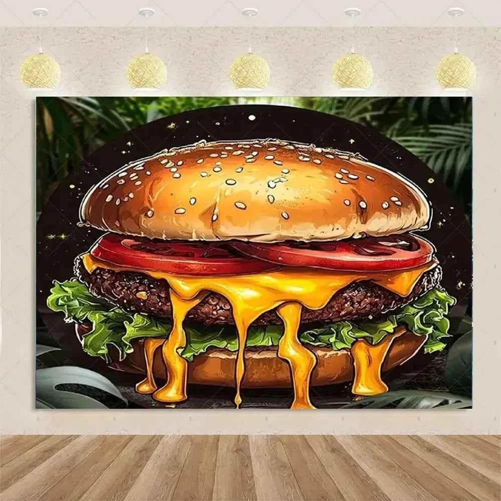 Quick Food Theme Birthday Party Decoration Hamburger French Fries Pizza Background Banner Photography Backdrop Supplies Kid Gift - GiFTiFY