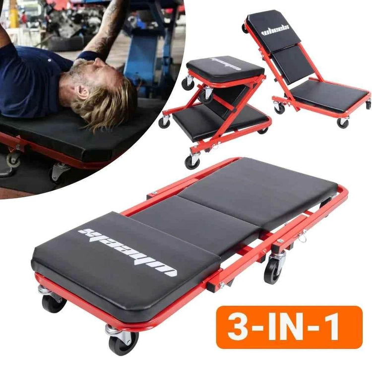 3-in-1 Rolling Mechanic Creeper Z Seat, Foldable Garage Chair Lay Down Sit Lean Back, Under Car Shop Auto Repair, Red Black - GiFTiFY