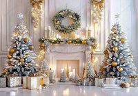 White Christmas Fireplace Background Xmas Tree Garland Gift Photography Backdrop Family Kids