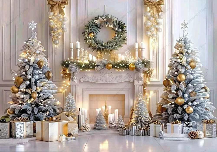 White Christmas Fireplace Background Xmas Tree Garland Gift Photography Backdrop Family Kids Holiday Party Banner Photo Studio