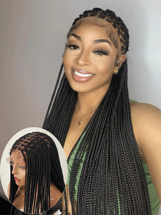 Knotless Box Braids Wig Long 36Inch Cornrow Braided Wigs Synthetic Full Lace Front Wig For Black Women Goddess Braiding Hair Wig GiFTiFY