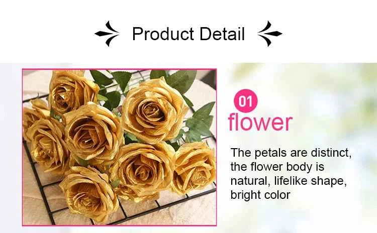 10/1 Heads Golden Silver Rose Artificial Flower DIY Wedding Floral Arrangement Material Silk Bridal Bouquet Photo Prop Home Deco