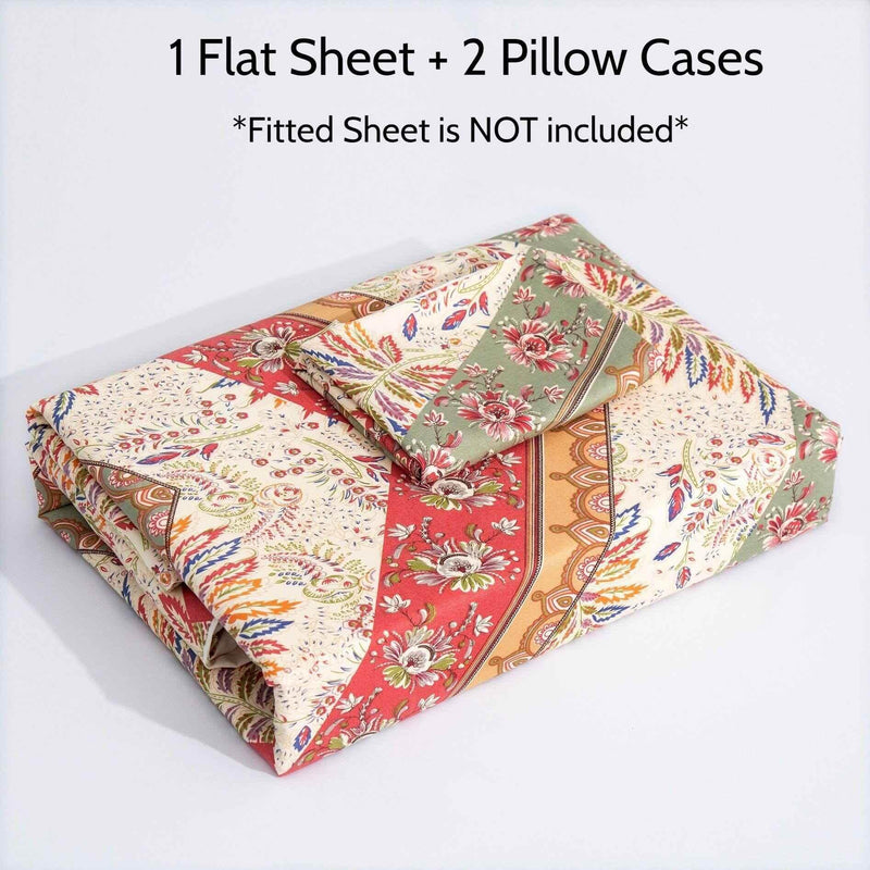 DaDa Bedding Botanical Cranberry Sage Chevron Floral Flat Bed Sheet w/ Pillowcases (JHW-924-Flat) Bed Sheets by DaDalogy Bedding Collection