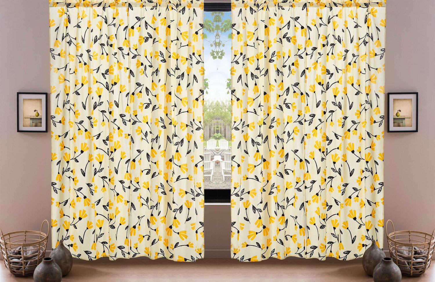 DaDa Bedding Set of 2 Botanical Floral Window Curtain Panels - Natural Semi Sheer Yellow Fleur Golden Orange Spring Time Tulips Straight Tailored Edge - GiFTiFY