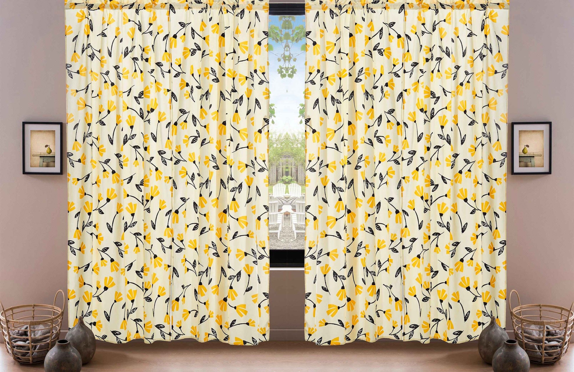DaDa Bedding Set of 2 Botanical Floral Window Curtain Panels - Natural Semi Sheer Yellow Fleur Golden Orange Spring Time Tulips Straight Tailored Edge