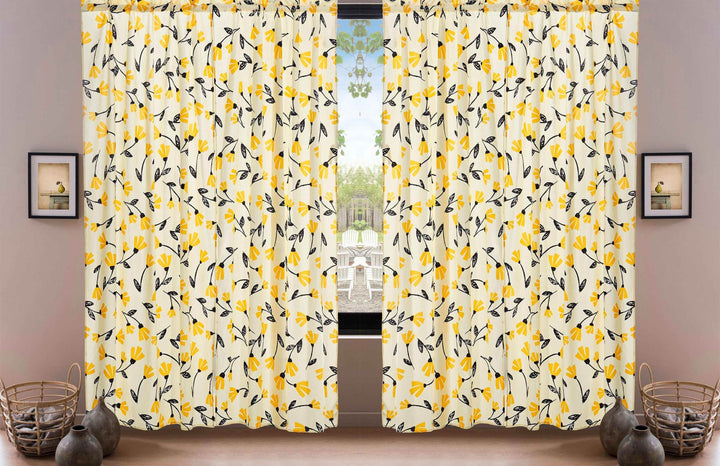 DaDa Bedding Set of 2 Botanical Floral Window Curtain Panels - Natural Semi Sheer Yellow Fleur Golden Orange Spring Time Tulips Straight Tailored Edge - GiFTiFY
