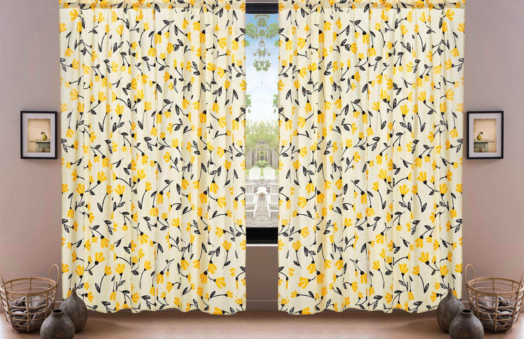 DaDa Bedding Set of 2 Botanical Floral Window Curtain Panels - Natural Semi Sheer Yellow Fleur Golden Orange Spring Time Tulips Straight Tailored Edge - GiFTiFY